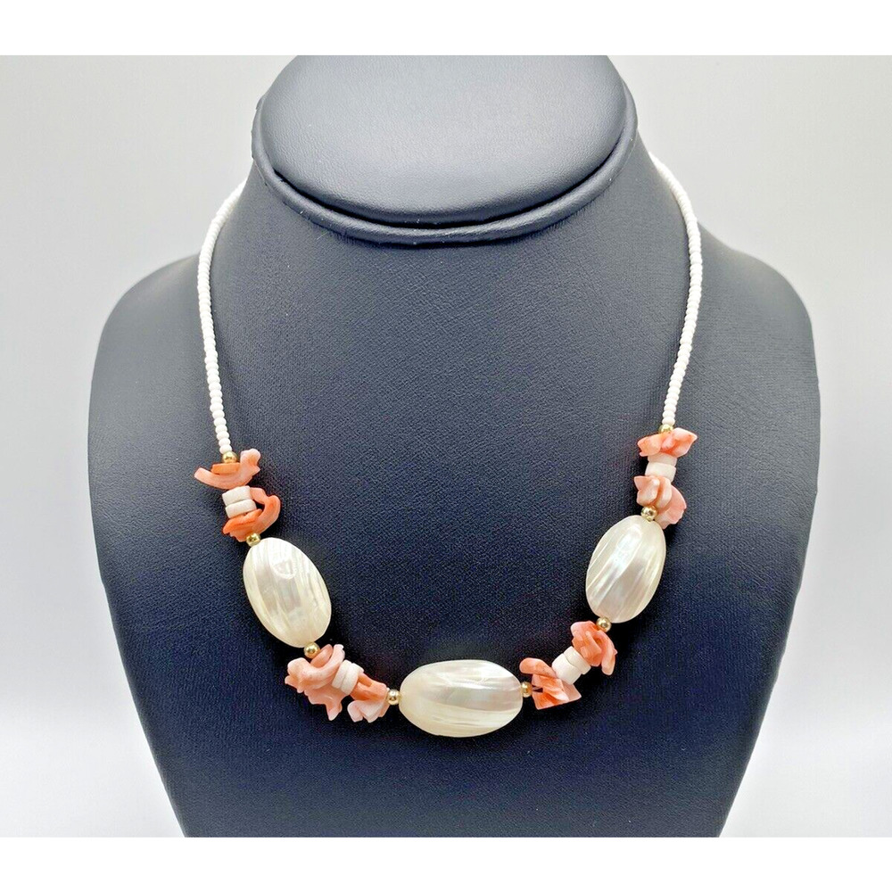 Vintage Mother of Pearl Shell Pink Conch Seed Bead Choker Necklace Beach 15"
